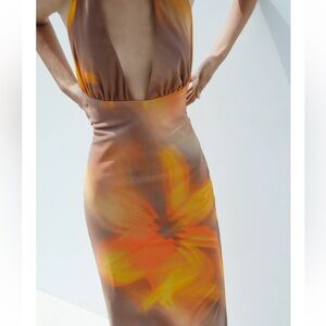 NWT ZARA PRINTED TULLE MIDI HALTER DRESS